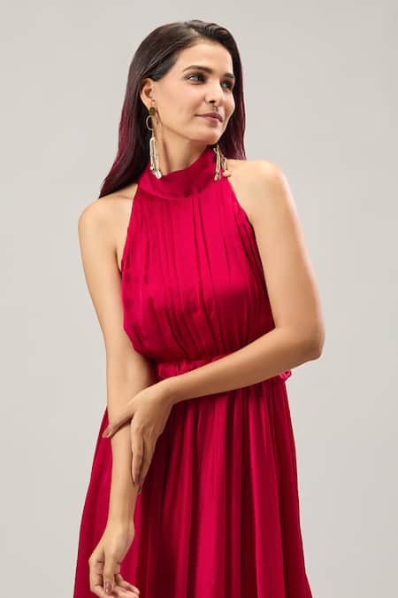 Naintara Bajaj_Red Satin Halter Neck Maxi Dress _at_Aza_Fashions
