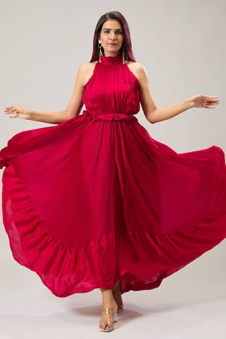 Buy_Naintara Bajaj_Red Satin Halter Neck Maxi Dress 