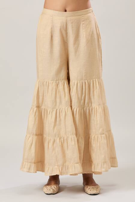 Buy_Samyukta Singhania_Beige Chanderi Sequins V-neck Angarkha Tunic And Sharara Set _Online_at_Aza_Fashions