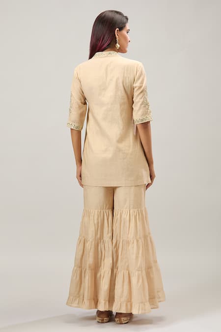 Samyukta Singhania Beige Chanderi Angarkha Tunic & Sharara Set 