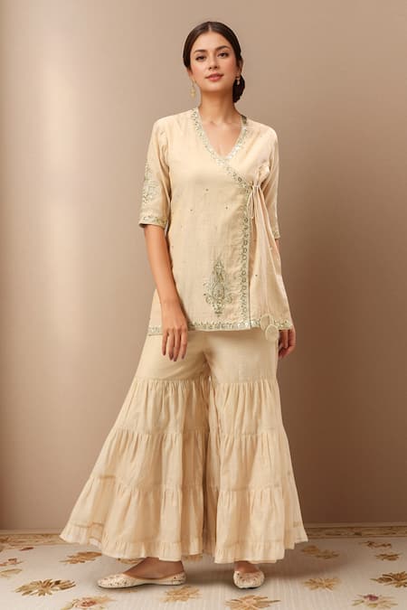 Samyukta Singhania Beige Chanderi Angarkha Tunic & Sharara Set 
