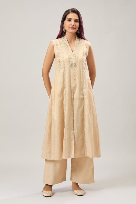 Shop_Samyukta Singhania_Beige Chanderi Embroidery V-neck Kurta Set_Online_at_Aza_Fashions