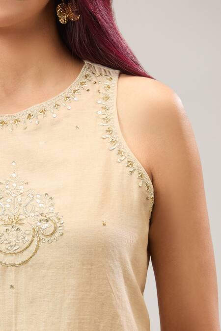 Buy_Naintara Bajaj_Beige Chanderi Embroidery, Beads Round Neck Pure Kurta Set_Online_at_Aza_Fashions
