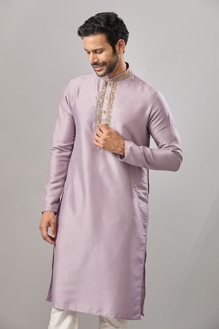 Shop_Arihant Rai Sinha_Purple Embroidery Plain Banarasi Silk Kurta Set _Online_at_Aza_Fashions