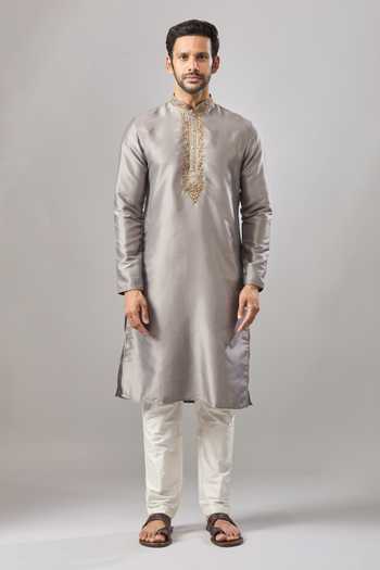 Shop Arihant Rai Sinha Gray Embroidery Embellished Placket Kurta Set Online at Aza Fashions Shop_Arihant Rai Sinha_Gray Embroidery Embellished Placket Kurta Set _Online_at_Aza_Fashions