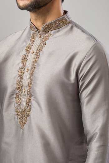 Arihant Rai Sinha Gray Embroidery Embellished Placket Kurta Set at Aza Fashions Arihant Rai Sinha_Gray Embroidery Embellished Placket Kurta Set _at_Aza_Fashions