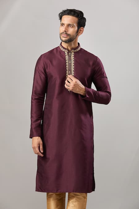 Arihant Rai Sinha Wine Embroidery Plain Banarasi Silk Kurta Set Online at Aza Fashions Arihant Rai Sinha_Wine Embroidery Plain Banarasi Silk Kurta Set _Online_at_Aza_Fashions