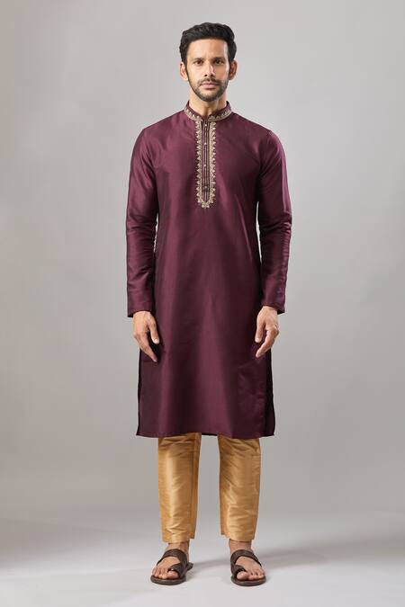 Shop Arihant Rai Sinha Wine Embroidery Plain Banarasi Silk Kurta Set Online at Aza Fashions Shop_Arihant Rai Sinha_Wine Embroidery Plain Banarasi Silk Kurta Set _Online_at_Aza_Fashions