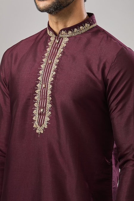 Arihant Rai Sinha Wine Embroidery Plain Banarasi Silk Kurta Set at Aza Fashions Arihant Rai Sinha_Wine Embroidery Plain Banarasi Silk Kurta Set _at_Aza_Fashions