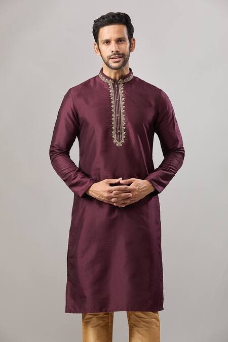 Buy Arihant Rai Sinha Wine Embroidery Plain Banarasi Silk Kurta Set Buy_Arihant Rai Sinha_Wine Embroidery Plain Banarasi Silk Kurta Set
