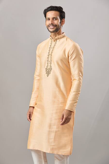 Arihant Rai Sinha Peach Embroidery Plain Banarasi Silk Kurta Set at Aza Fashions Arihant Rai Sinha_Peach Embroidery Plain Banarasi Silk Kurta Set _at_Aza_Fashions