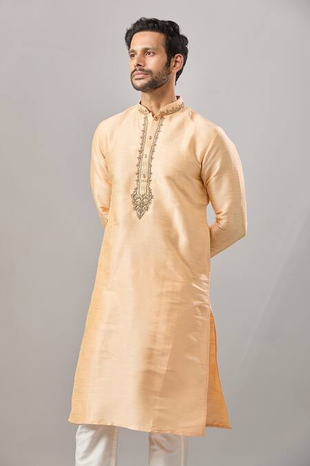 Buy Arihant Rai Sinha Peach Embroidery Plain Banarasi Silk Kurta Set Buy_Arihant Rai Sinha_Peach Embroidery Plain Banarasi Silk Kurta Set