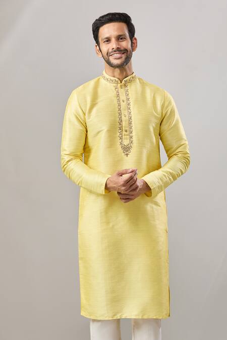 Arihant Rai Sinha_Yellow Embroidery Plain Banarasi Kurta Set_Online_at_Aza_Fashions