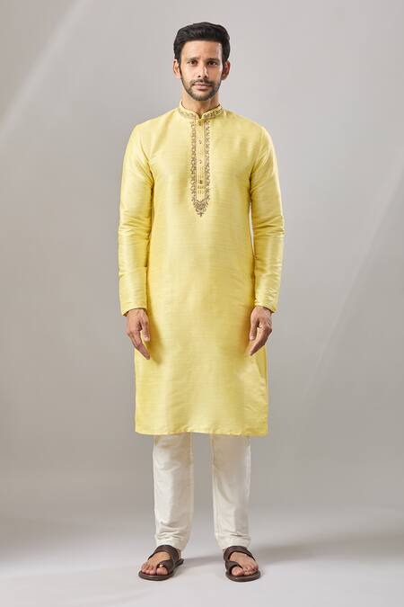 Shop_Arihant Rai Sinha_Yellow Embroidery Plain Banarasi Kurta Set_Online_at_Aza_Fashions