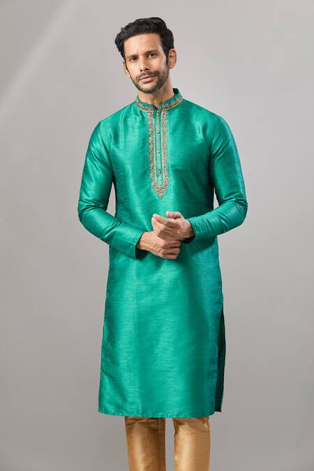 Buy Arihant Rai Sinha Teal Embroidery Green Plain Banarasi Kurta Set Online at Aza Fashions Buy_Arihant Rai Sinha_Teal Embroidery Green Plain Banarasi Kurta Set _Online_at_Aza_Fashions