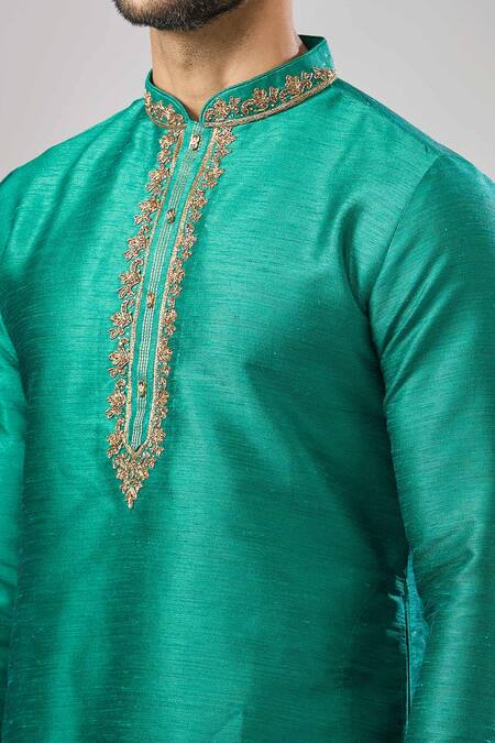 Shop Arihant Rai Sinha Teal Embroidery Green Plain Banarasi Kurta Set Online at Aza Fashions Shop_Arihant Rai Sinha_Teal Embroidery Green Plain Banarasi Kurta Set _Online_at_Aza_Fashions