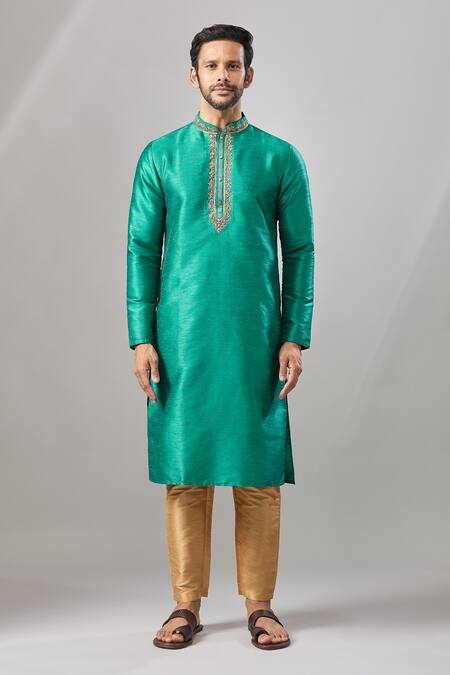 Arihant Rai Sinha Teal Embroidery Green Plain Banarasi Kurta Set at Aza Fashions Arihant Rai Sinha_Teal Embroidery Green Plain Banarasi Kurta Set _at_Aza_Fashions