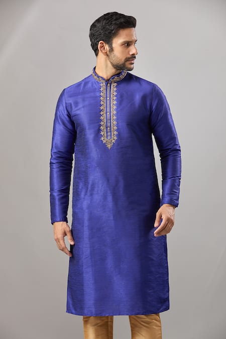 Buy_Arihant Rai Sinha_Blue Embroidery Plain Banarasi Silk Kurta Set _Online_at_Aza_Fashions