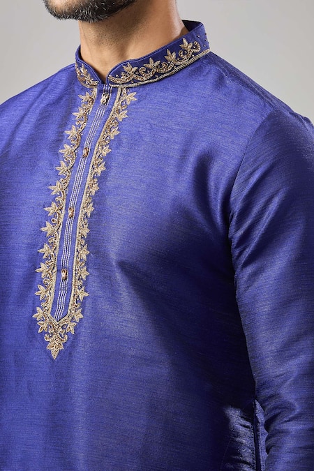 Arihant Rai Sinha_Blue Embroidery Plain Banarasi Silk Kurta Set _at_Aza_Fashions