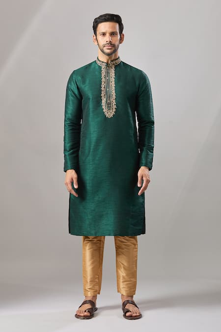 Shop_Arihant Rai Sinha_Green Embroidery Plain Banarasi Kurta Set _Online_at_Aza_Fashions