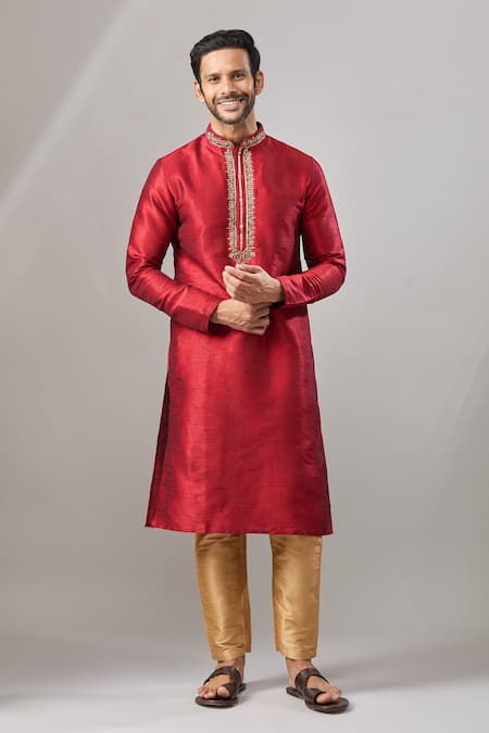 Arihant Rai Sinha Maroon Embroidery Plain Banarasi Silk Kurta Set