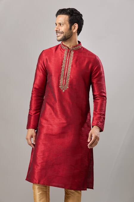 Shop Arihant Rai Sinha Maroon Embroidery Plain Banarasi Silk Kurta Set Online at Aza Fashions Shop_Arihant Rai Sinha_Maroon Embroidery Plain Banarasi Silk Kurta Set _Online_at_Aza_Fashions