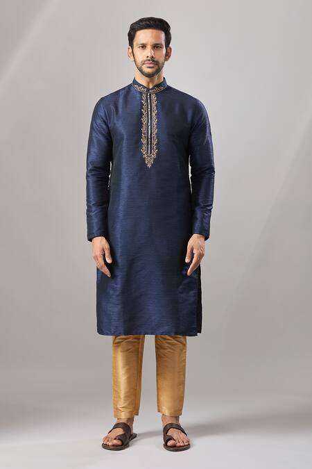 Shop Arihant Rai Sinha Blue Embroidery Plain Banarasi Kurta Set Online at Aza Fashions Shop_Arihant Rai Sinha_Blue Embroidery Plain Banarasi Kurta Set _Online_at_Aza_Fashions
