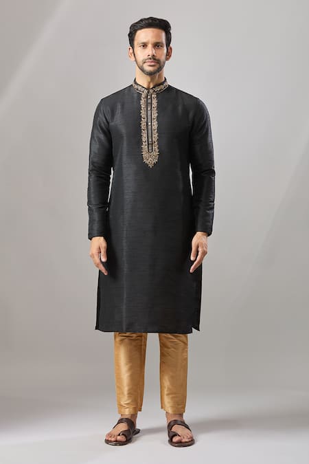 Shop_Arihant Rai Sinha_Black Silk Embroidery Plain Banarasi Kurta Set _Online_at_Aza_Fashions