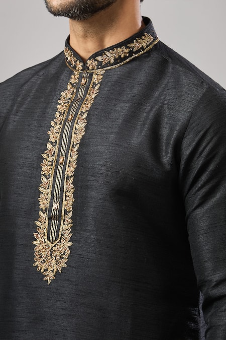 Arihant Rai Sinha_Black Silk Embroidery Plain Banarasi Kurta Set _at_Aza_Fashions