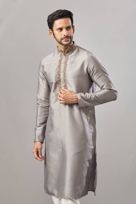 Buy_Arihant Rai Sinha_Gray Silk Embroidery Banarasi Art Kurta_Online_at_Aza_Fashions