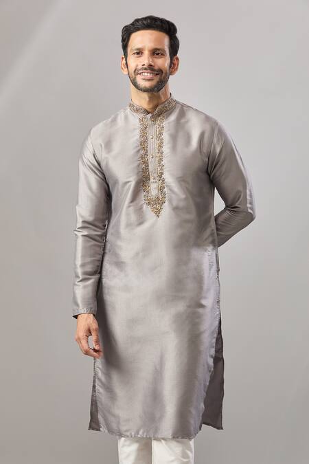 Shop_Arihant Rai Sinha_Gray Silk Embroidery Banarasi Art Kurta_Online_at_Aza_Fashions