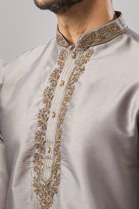 Arihant Rai Sinha_Gray Silk Embroidery Banarasi Art Kurta_at_Aza_Fashions