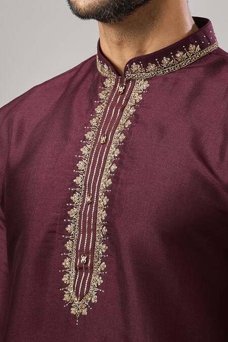 Arihant Rai Sinha_Wine Embroidery Banarasi Silk Classic Kurta_Online_at_Aza_Fashions