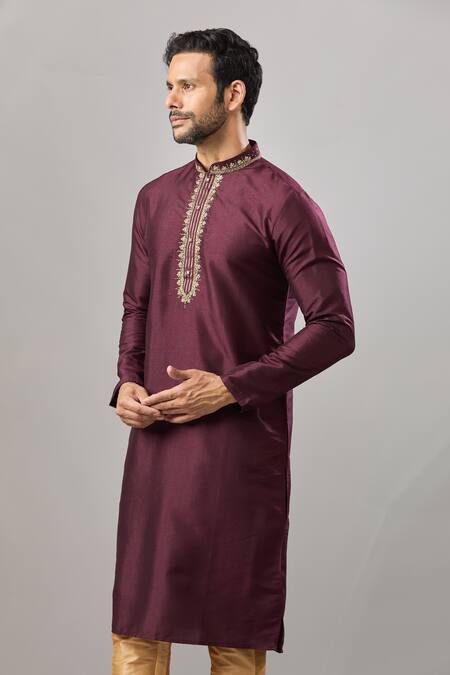Buy_Arihant Rai Sinha_Wine Embroidery Banarasi Silk Classic Kurta_Online_at_Aza_Fashions