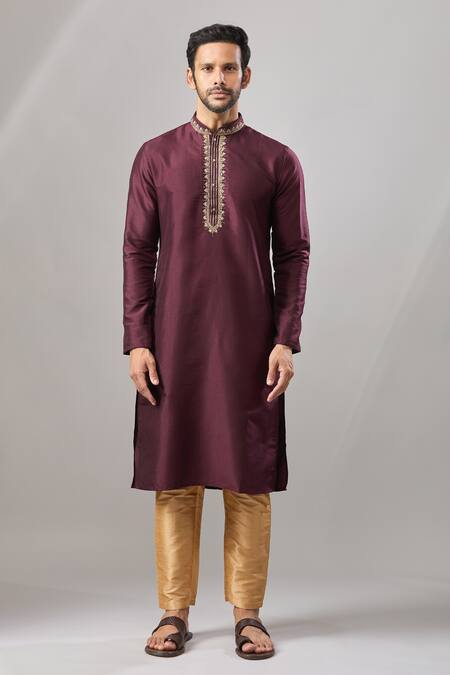 Shop_Arihant Rai Sinha_Wine Embroidery Banarasi Silk Classic Kurta_Online_at_Aza_Fashions