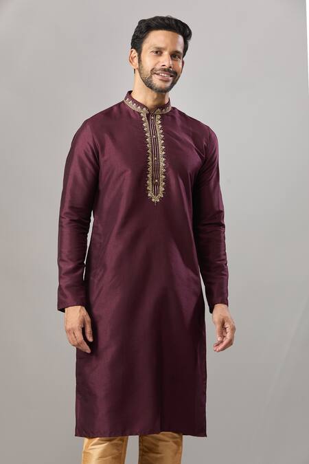 Arihant Rai Sinha_Wine Embroidery Banarasi Silk Classic Kurta_at_Aza_Fashions