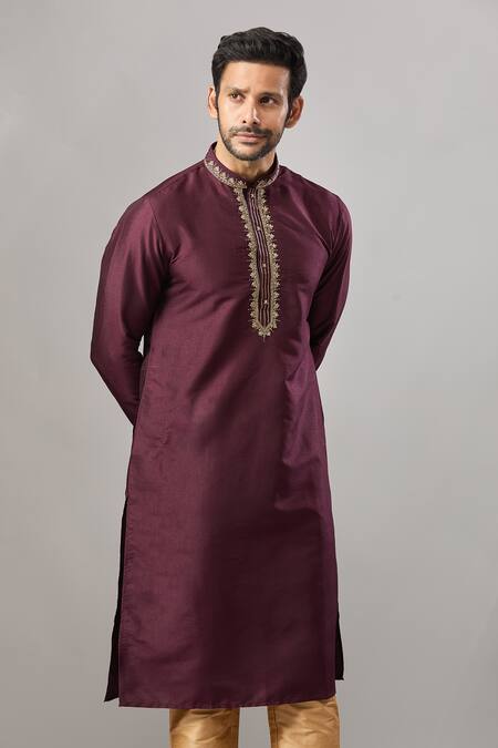 Buy_Arihant Rai Sinha_Wine Embroidery Banarasi Silk Classic Kurta