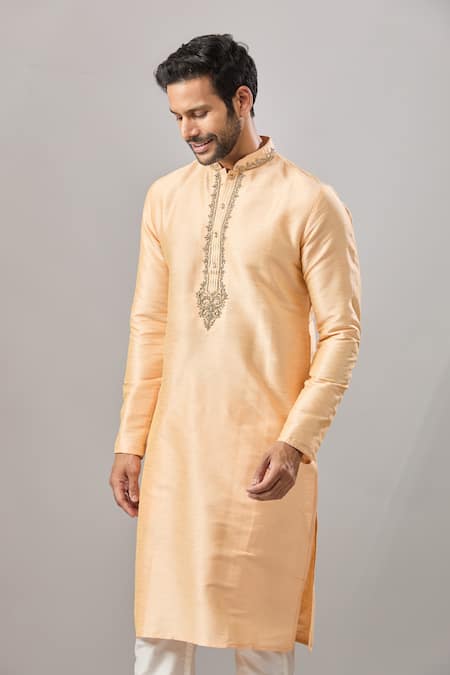 Buy Arihant Rai Sinha Peach Embroidery Banarasi Silk Classic Kurta Online at Aza Fashions Buy_Arihant Rai Sinha_Peach Embroidery Banarasi Silk Classic Kurta _Online_at_Aza_Fashions