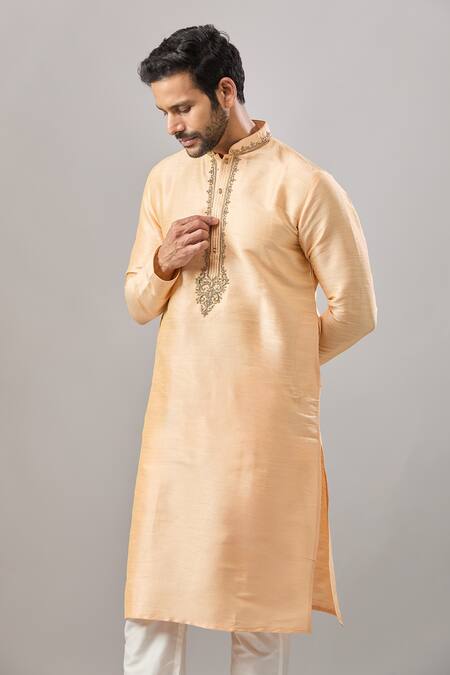 Shop Arihant Rai Sinha Peach Embroidery Banarasi Silk Classic Kurta Online at Aza Fashions Shop_Arihant Rai Sinha_Peach Embroidery Banarasi Silk Classic Kurta _Online_at_Aza_Fashions