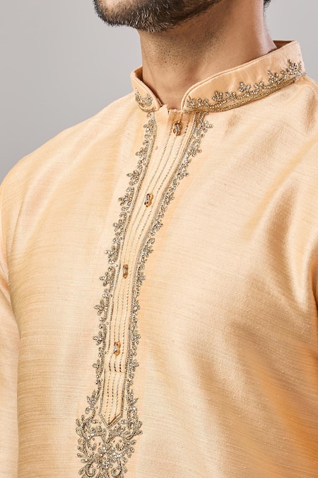 Arihant Rai Sinha Peach Embroidery Banarasi Silk Classic Kurta at Aza Fashions Arihant Rai Sinha_Peach Embroidery Banarasi Silk Classic Kurta _at_Aza_Fashions
