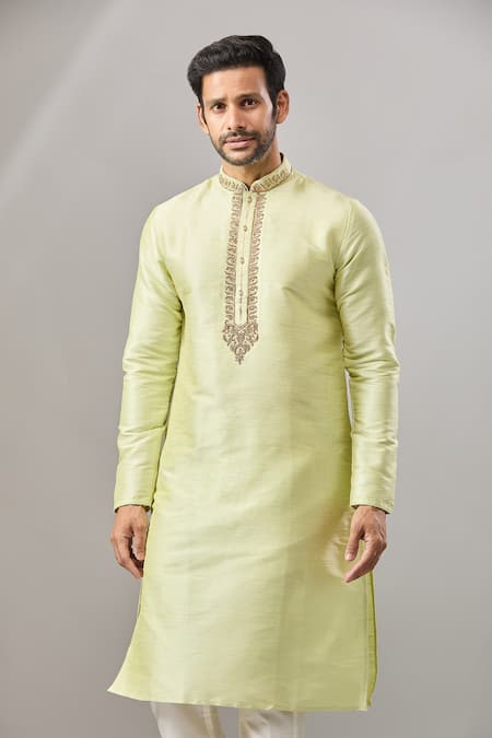 Shop_Arihant Rai Sinha_Green Embroidery Banarasi Art Silk Kurta_Online_at_Aza_Fashions