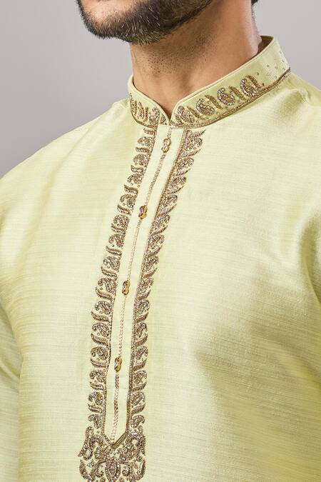 Arihant Rai Sinha_Green Embroidery Banarasi Art Silk Kurta_at_Aza_Fashions