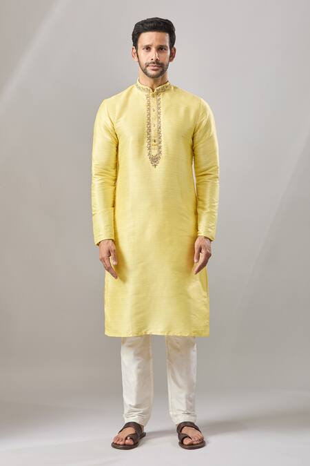 Buy_Arihant Rai Sinha_Yellow Embroidery Banarasi Art Silk Kurta_Online_at_Aza_Fashions