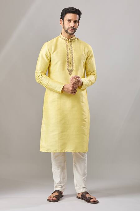 Shop_Arihant Rai Sinha_Yellow Embroidery Banarasi Art Silk Kurta_Online_at_Aza_Fashions
