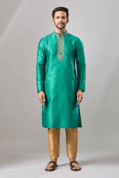 Arihant Rai Sinha Teal Embroidery Green Banarasi Art Silk Kurta Online at Aza Fashions Arihant Rai Sinha_Teal Embroidery Green Banarasi Art Silk Kurta_Online_at_Aza_Fashions