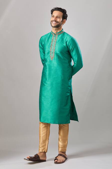 Buy Arihant Rai Sinha Teal Embroidery Green Banarasi Art Silk Kurta Online at Aza Fashions Buy_Arihant Rai Sinha_Teal Embroidery Green Banarasi Art Silk Kurta_Online_at_Aza_Fashions