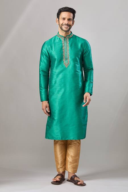 Shop Arihant Rai Sinha Teal Embroidery Green Banarasi Art Silk Kurta Online at Aza Fashions Shop_Arihant Rai Sinha_Teal Embroidery Green Banarasi Art Silk Kurta_Online_at_Aza_Fashions