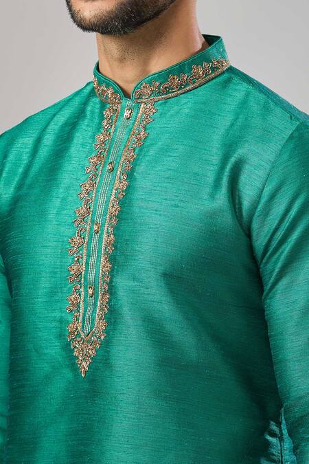 Arihant Rai Sinha Teal Embroidery Green Banarasi Art Silk Kurta at Aza Fashions Arihant Rai Sinha_Teal Embroidery Green Banarasi Art Silk Kurta_at_Aza_Fashions