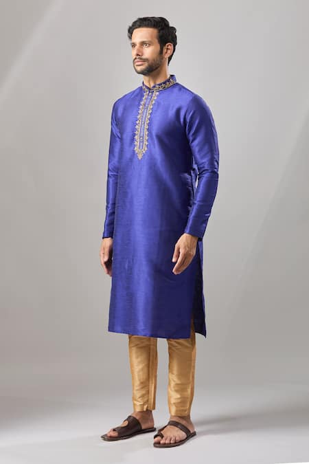 Arihant Rai Sinha_Blue Embroidery Banarasi Art Silk Kurta _Online_at_Aza_Fashions