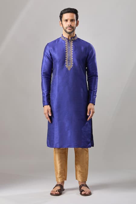 Buy_Arihant Rai Sinha_Blue Embroidery Banarasi Art Silk Kurta _Online_at_Aza_Fashions
